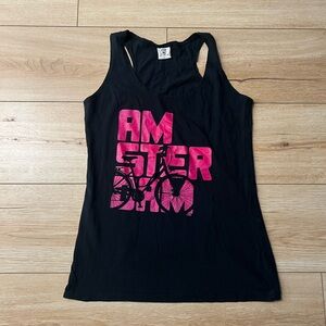 Amsterdam Black Tank Top with Pink Bicycle Shadow Graphic